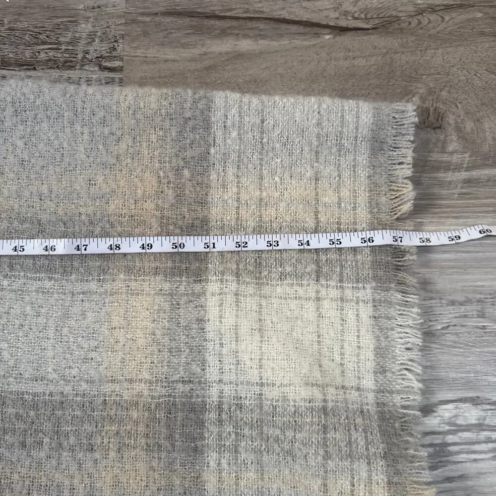 J.Jill Plaid Knit Wrap Shawl Gray Cream Fringed Cozy Layer XL - 3XL